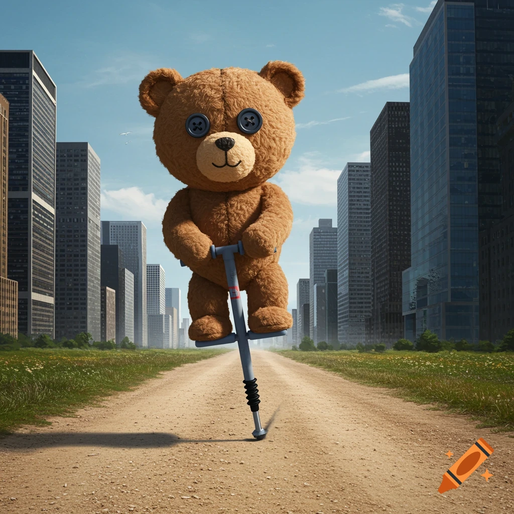 A teddy bear with button eyes rides a pogo stick down a dirt path with skyscrapers in the background.