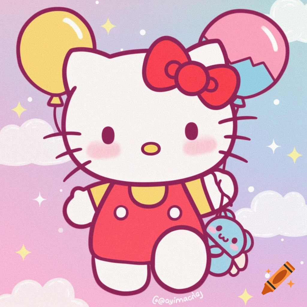 Hello Kitty holding balloons and a blue plush toy against a pastel sky with clouds and stars.