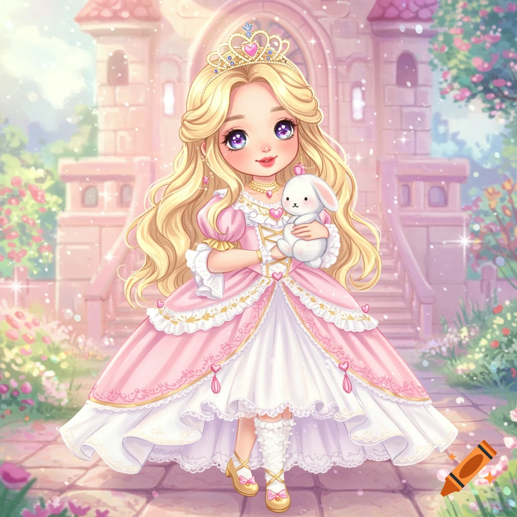 A cute fairytale princess in a pink gown and tiara holds a white bunny in front of a castle.