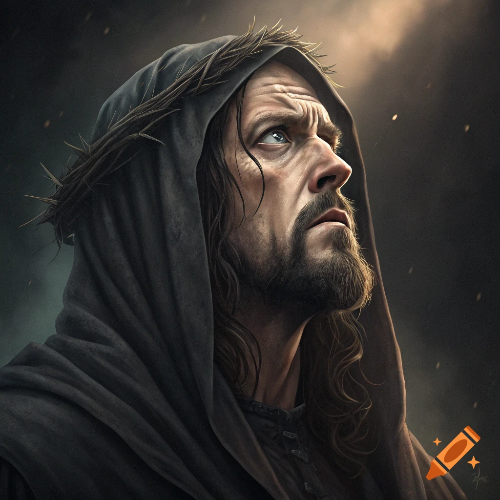 Dramatic portrait of a figure resembling Jesus wearing a crown of thorns and hooded robe, looking up with eyes rolled back.