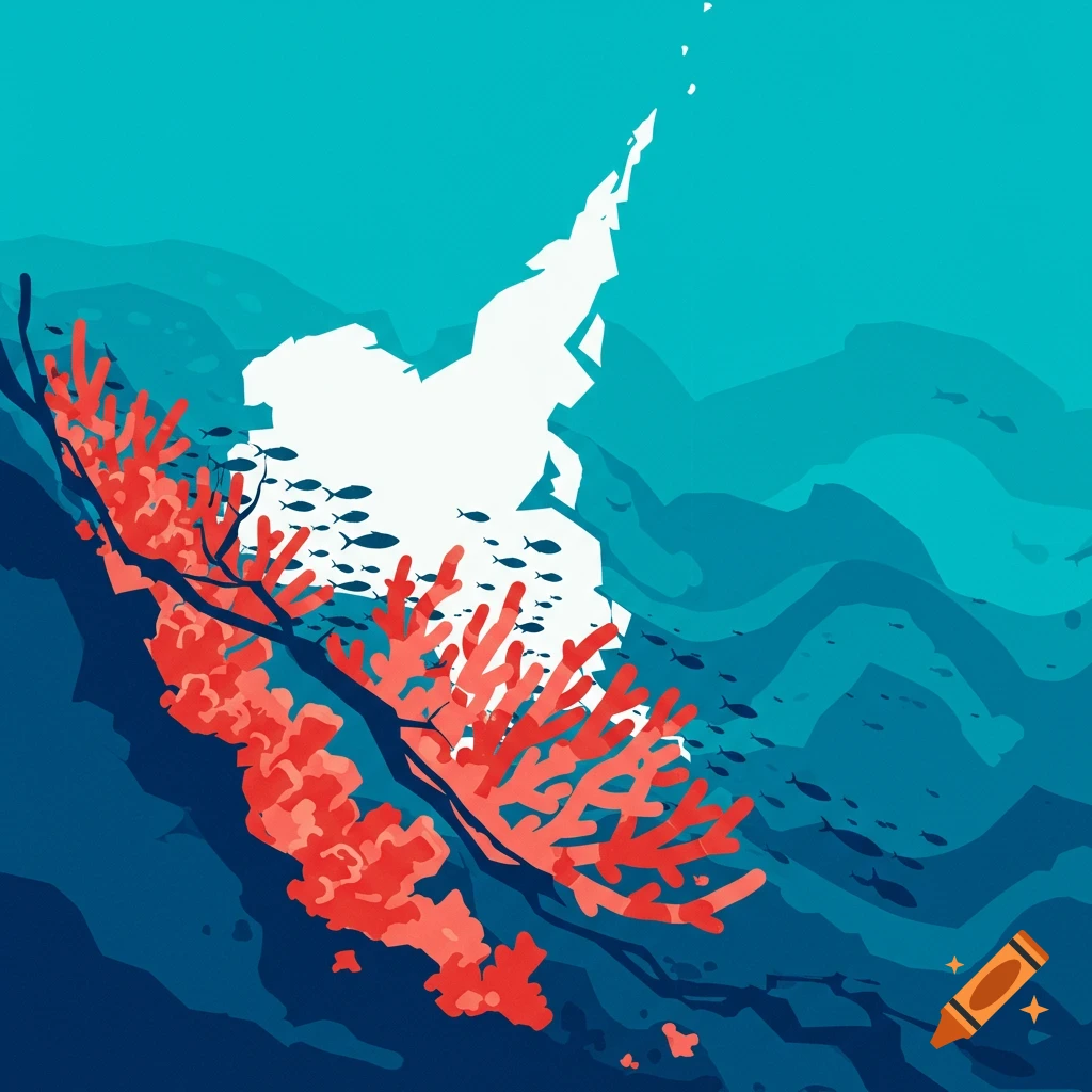 Abstract vector graphic of red coral, fish, and blue water depicting a marine ecosystem.