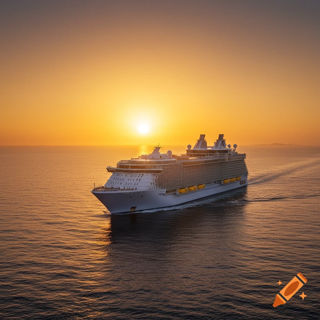 A large white cruise ship sails on the ocean at sunrise, with warm orange light reflecting on the water.