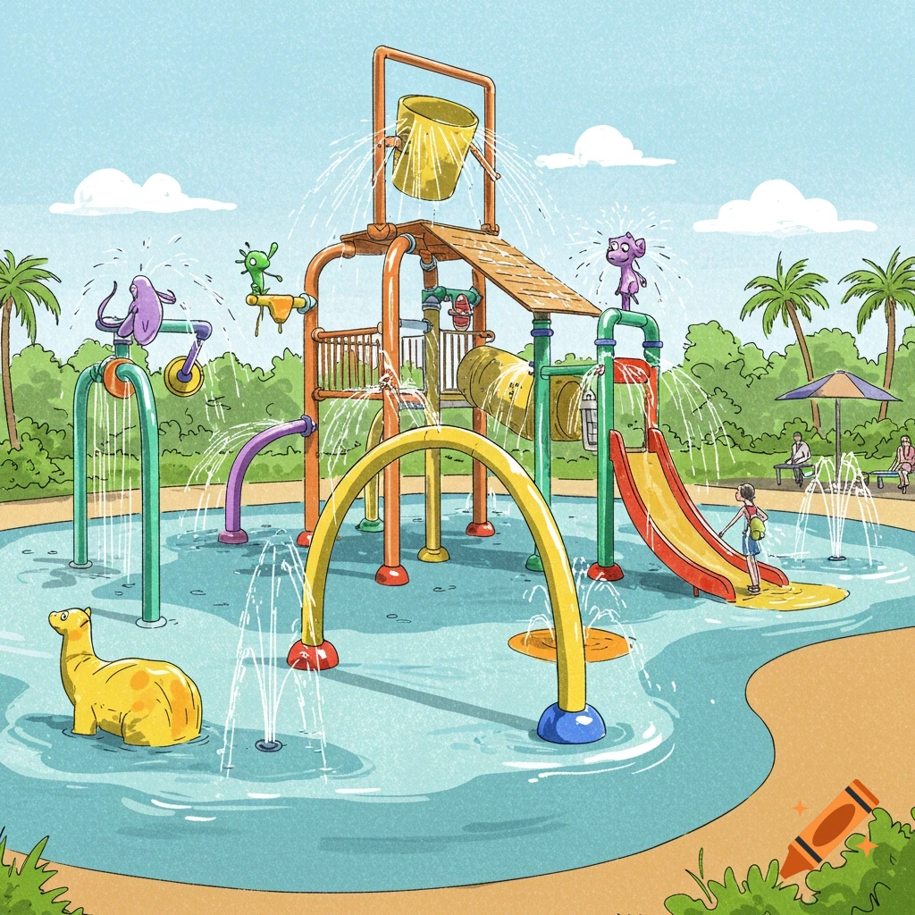 A colorful illustration of a splash pad water park with slides, water features, cartoon characters, and people.