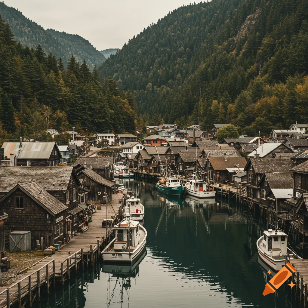Rustic harbor town nestled in a mountain valley with boats docked at wooden piers