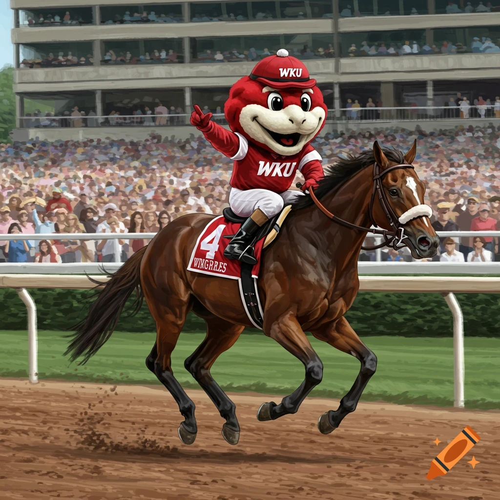 WKU Big Red mascot riding a racehorse at a racetrack, waving.