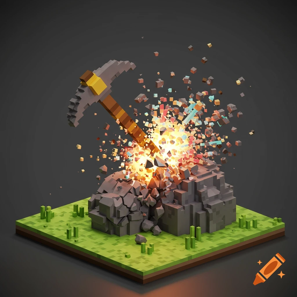 3D pixel art of a pickaxe shattering a rock.