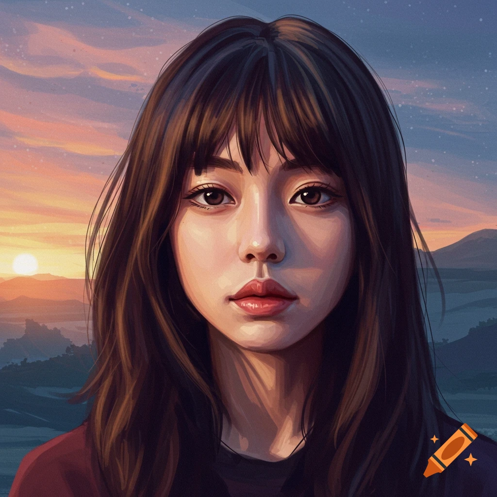 A woman with bangs against a sunset landscape.