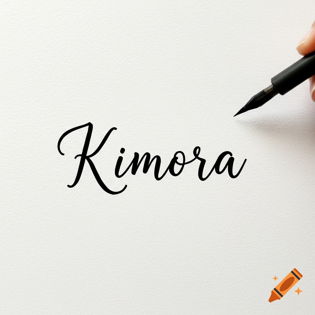 A hand writes the name Kimora in cursive with a fountain pen on white paper.