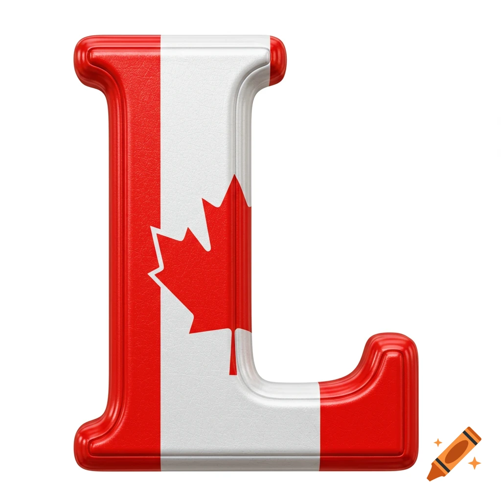A decorative letter L with the Canadian flag pattern.
