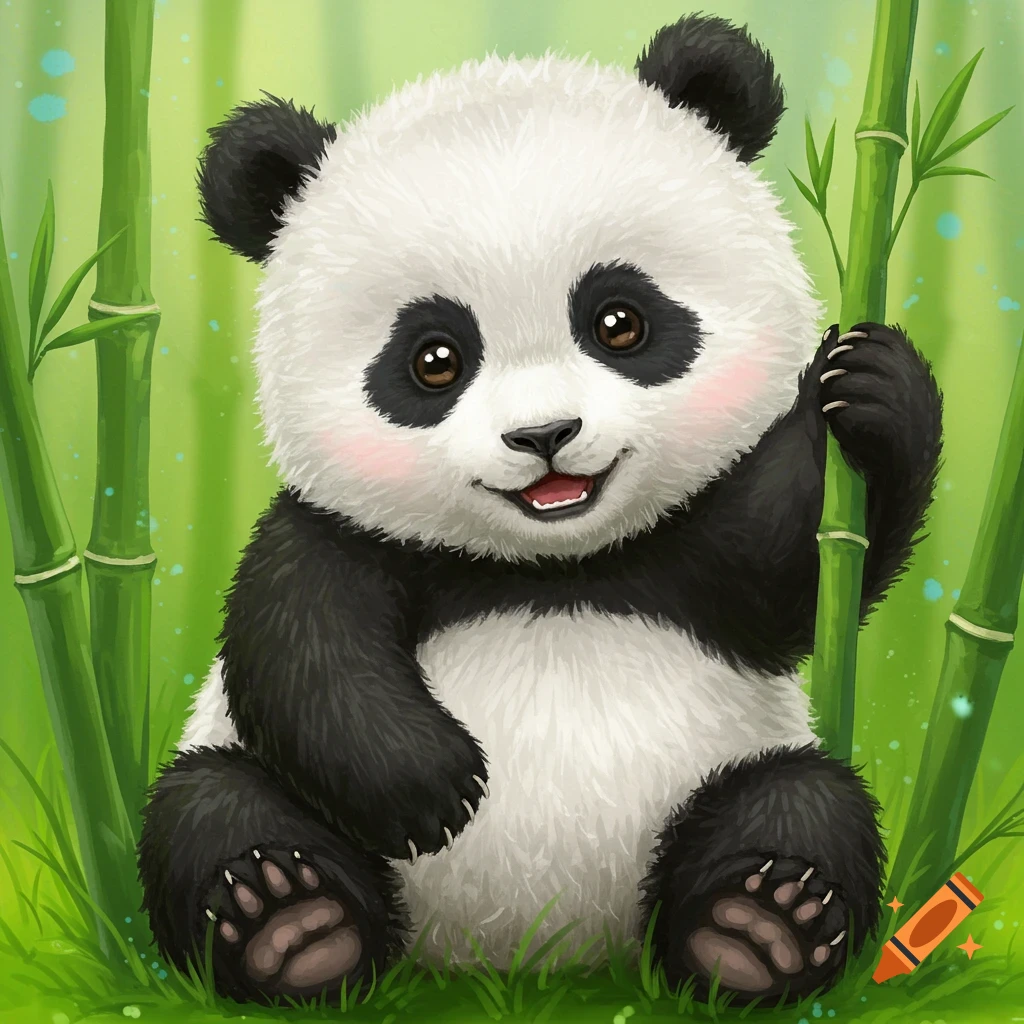 A cute baby panda sits in green grass among bamboo stalks.