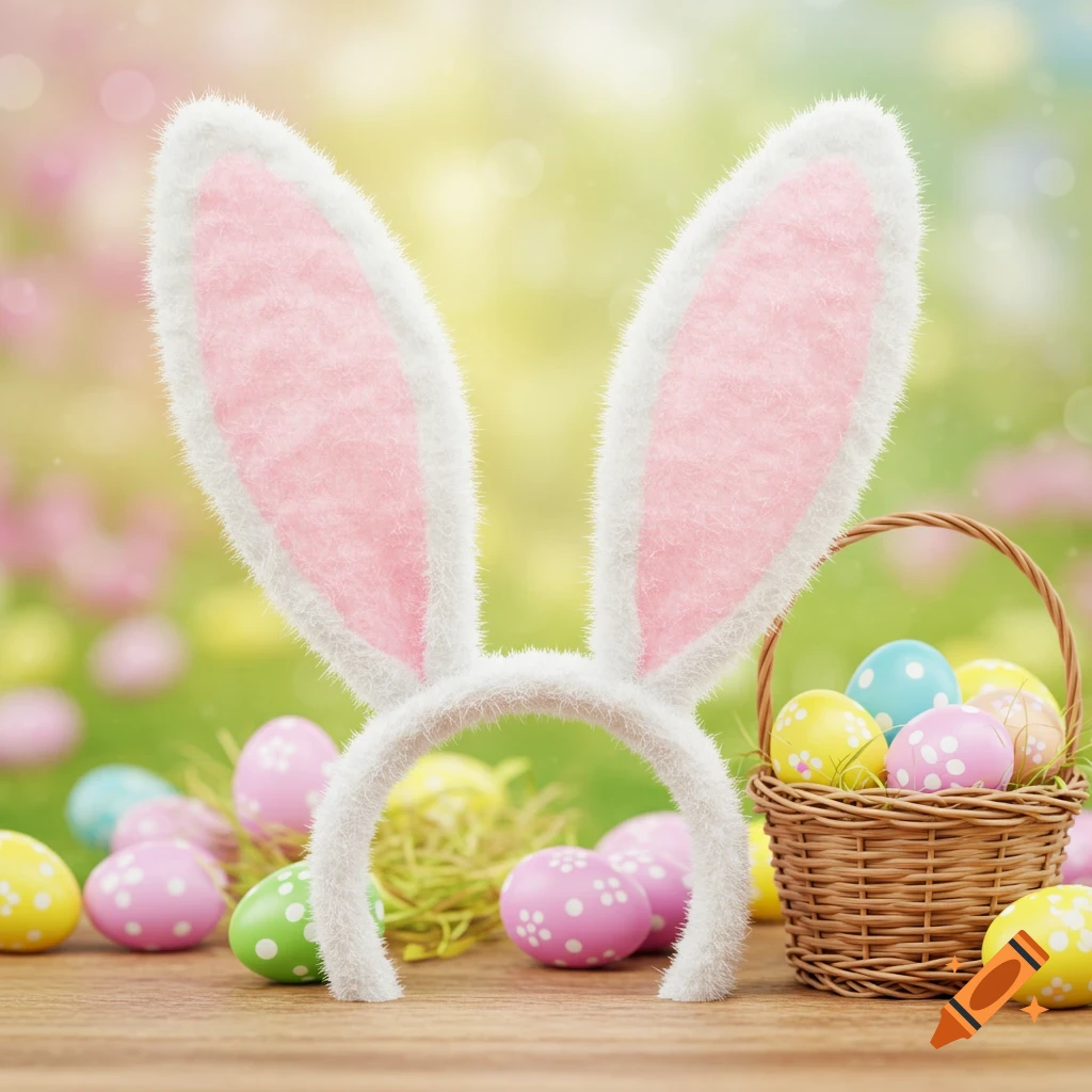 Bunny ear headband and decorated Easter eggs on a wooden surface with a blurry spring background.