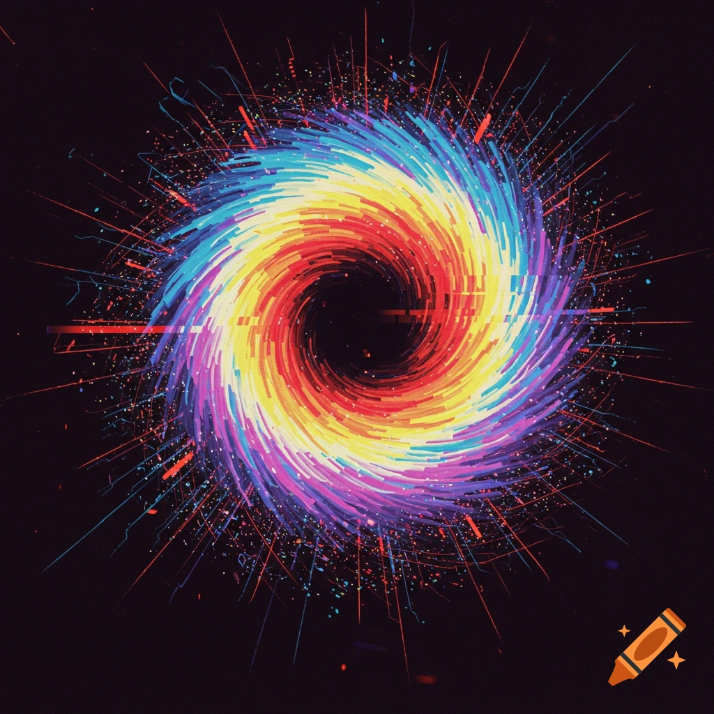 Abstract colorful swirling vortex with glitch effects and emanating particles on a black background.
