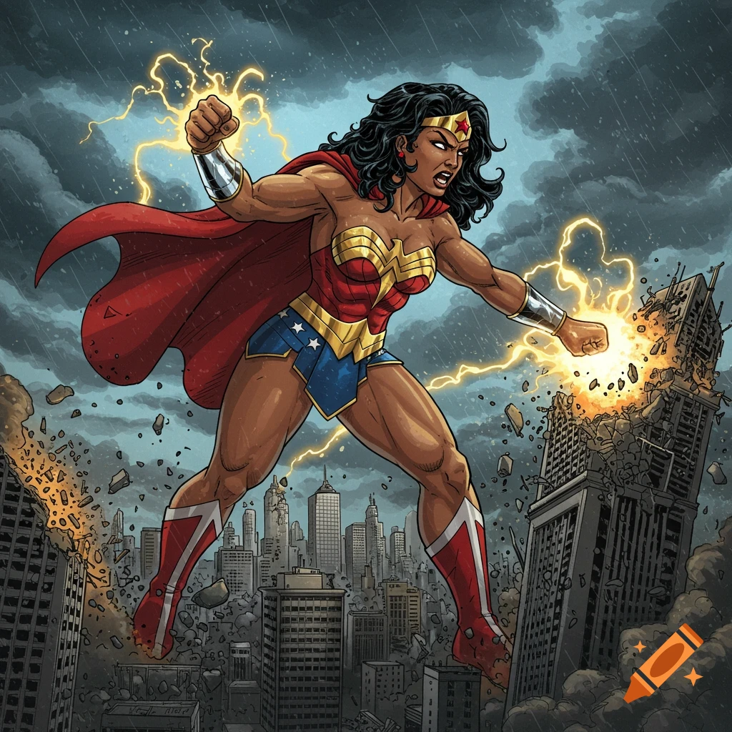 Giant Wonder Woman floating over a city, blasting and destroying buildings during a stormy day.