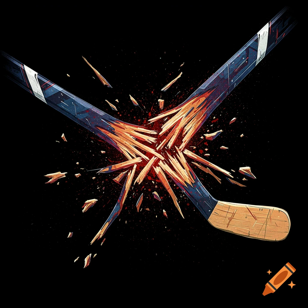 A broken hockey stick splinters and red splatter on black