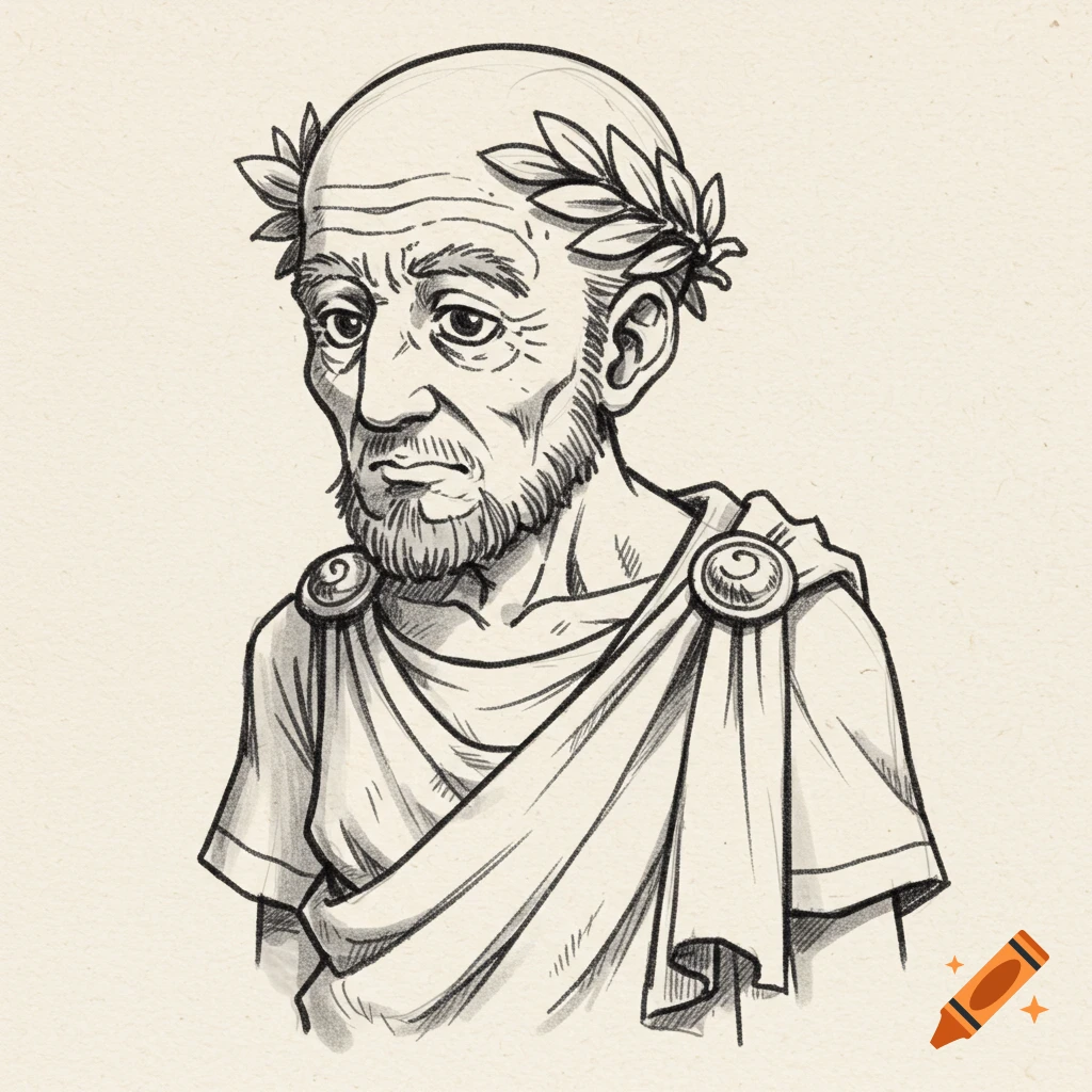 Black and white sketch of an old man in a toga and laurel wreath.