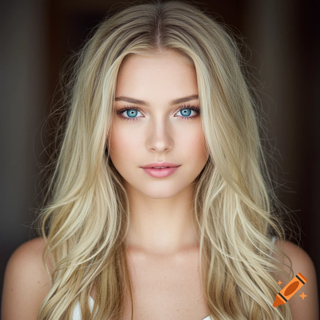 Close-up photorealistic portrait of a young woman with blonde hair and blue eyes.