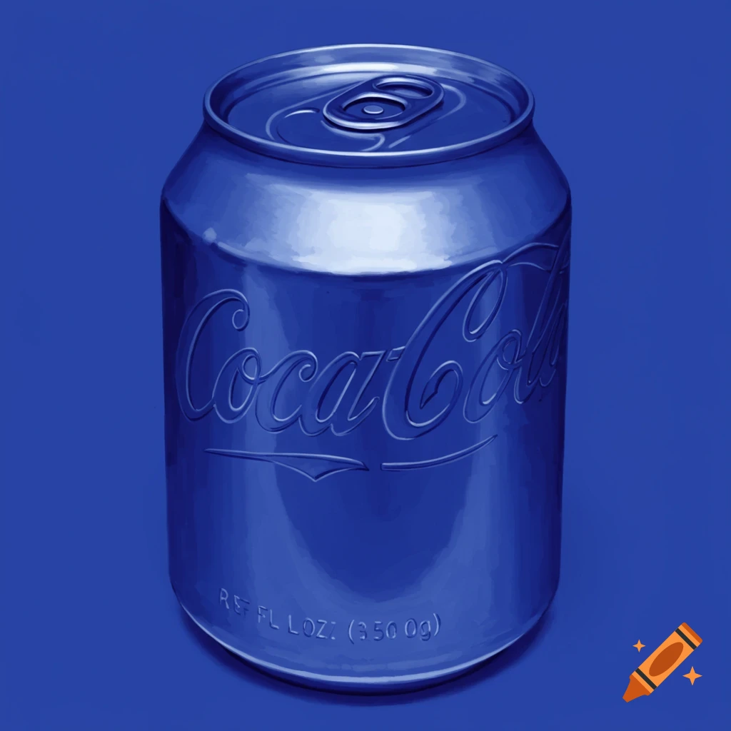 A blue Coca-Cola can against a blue background.