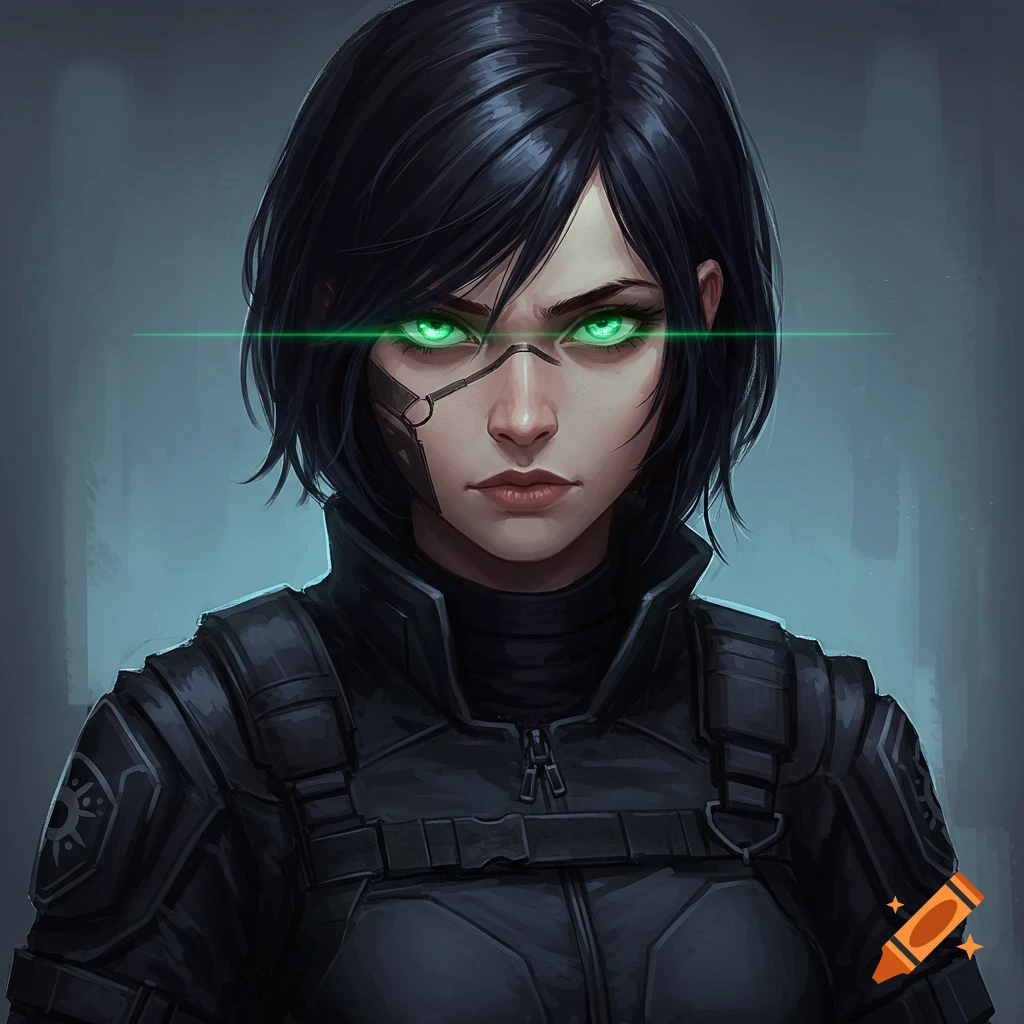 A woman with short dark hair, glowing green eyes, and cybernetic detail wearing a black tactical suit.