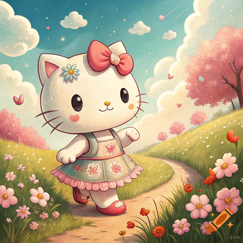 Hello Kitty walks through a field of pink flowers in a bright, colorful illustration.