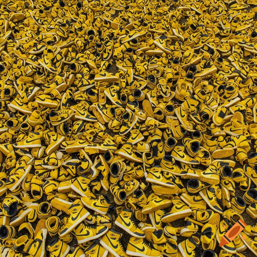 A large pile of yellow and black sneakers.