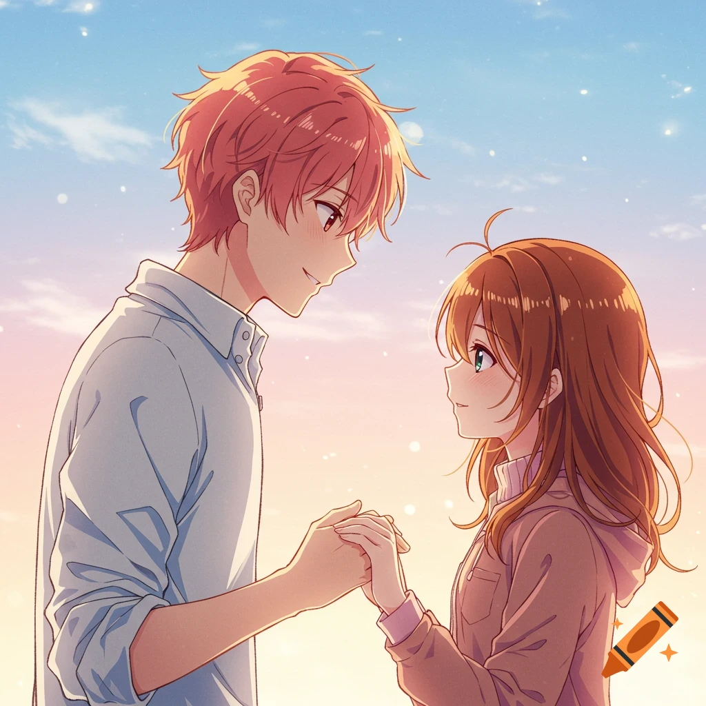 Anime couple with strawberry red hair and brown hair holding hands at sunset