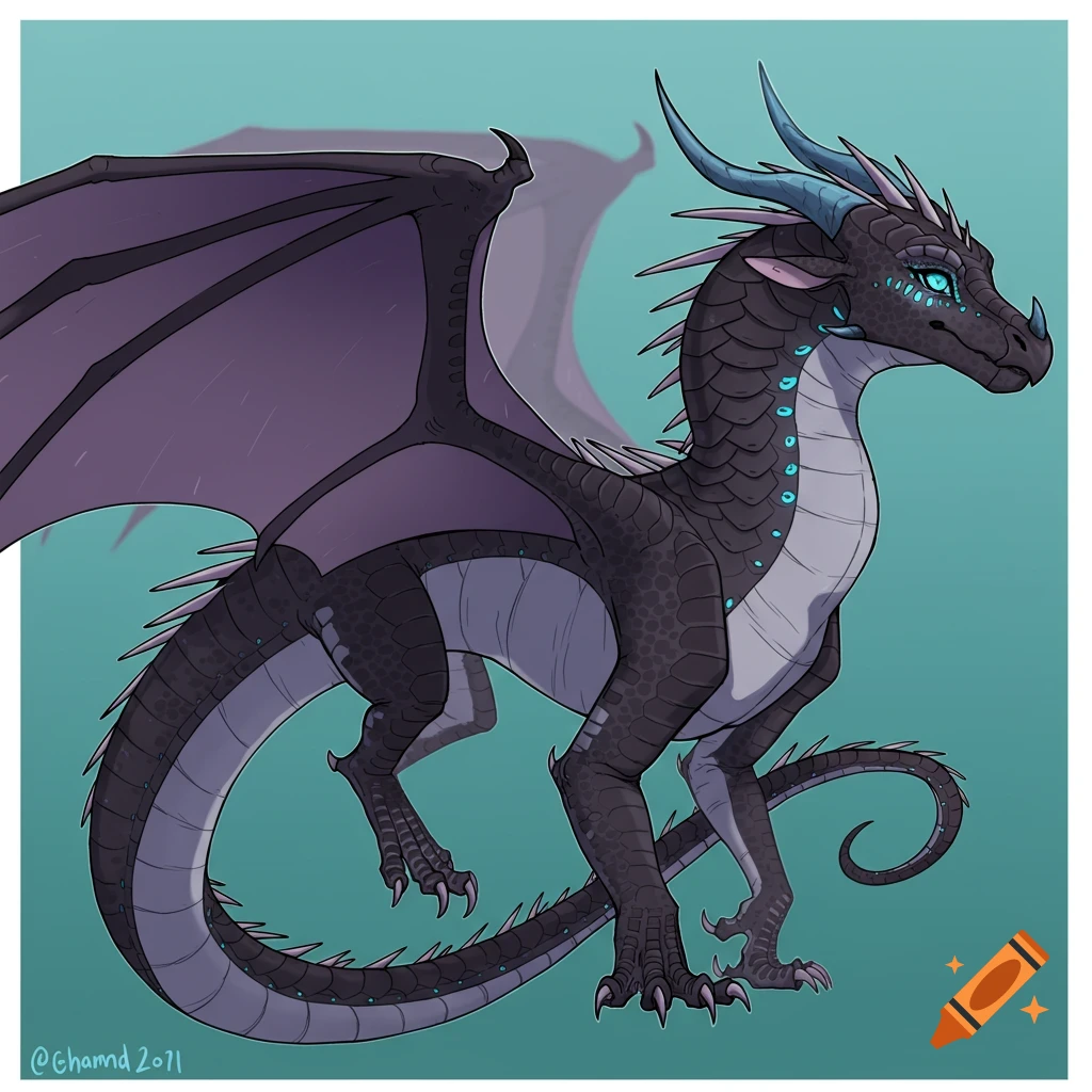 A dark dragon with purple wings and blue accents stands against a teal background.