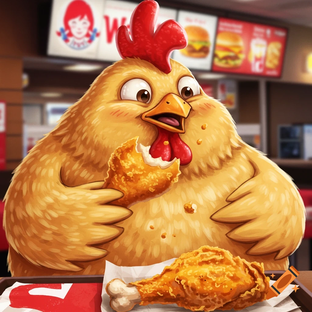 A cartoon chicken eats a piece of fried chicken at a restaurant.