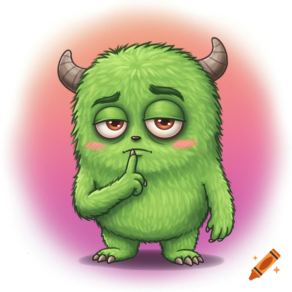 Cute green cartoon monster shushing with a finger, looking sleepy and shy, illustration.