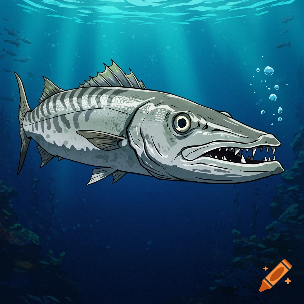 Anime illustration of a barracuda fish swimming in the ocean
