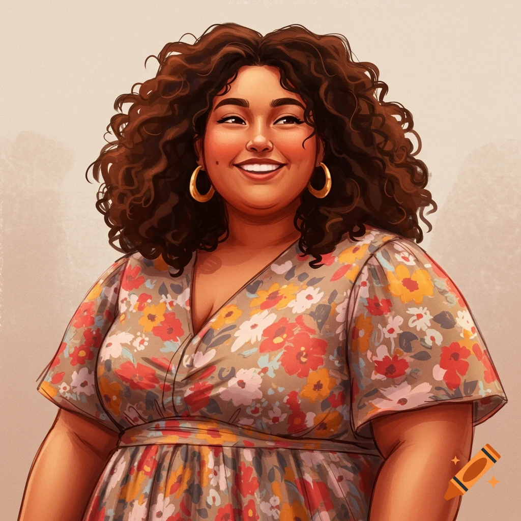 a-smiling-woman-with-curly-brown-hair-in-a-floral-dress-stands-in-a