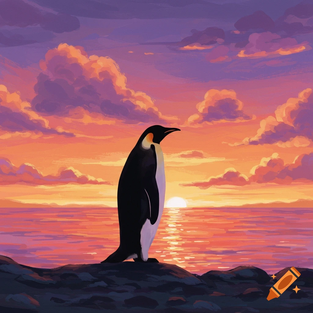 An emperor penguin stands on rocks at sunset.