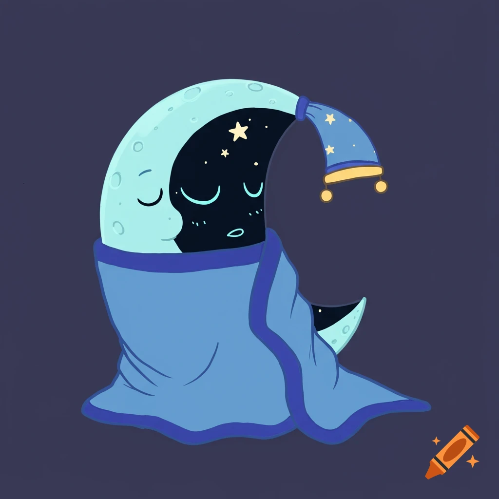 Cartoon crescent moon character sleeps under a blue blanket.