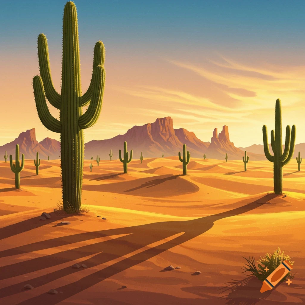 A desert landscape with large saguaro cacti under a sunset sky