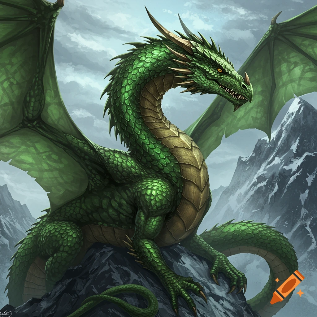 A green dragon perched on rocks in the mountains.