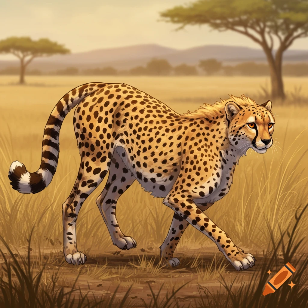 A cheetah walking through a savannah landscape.
