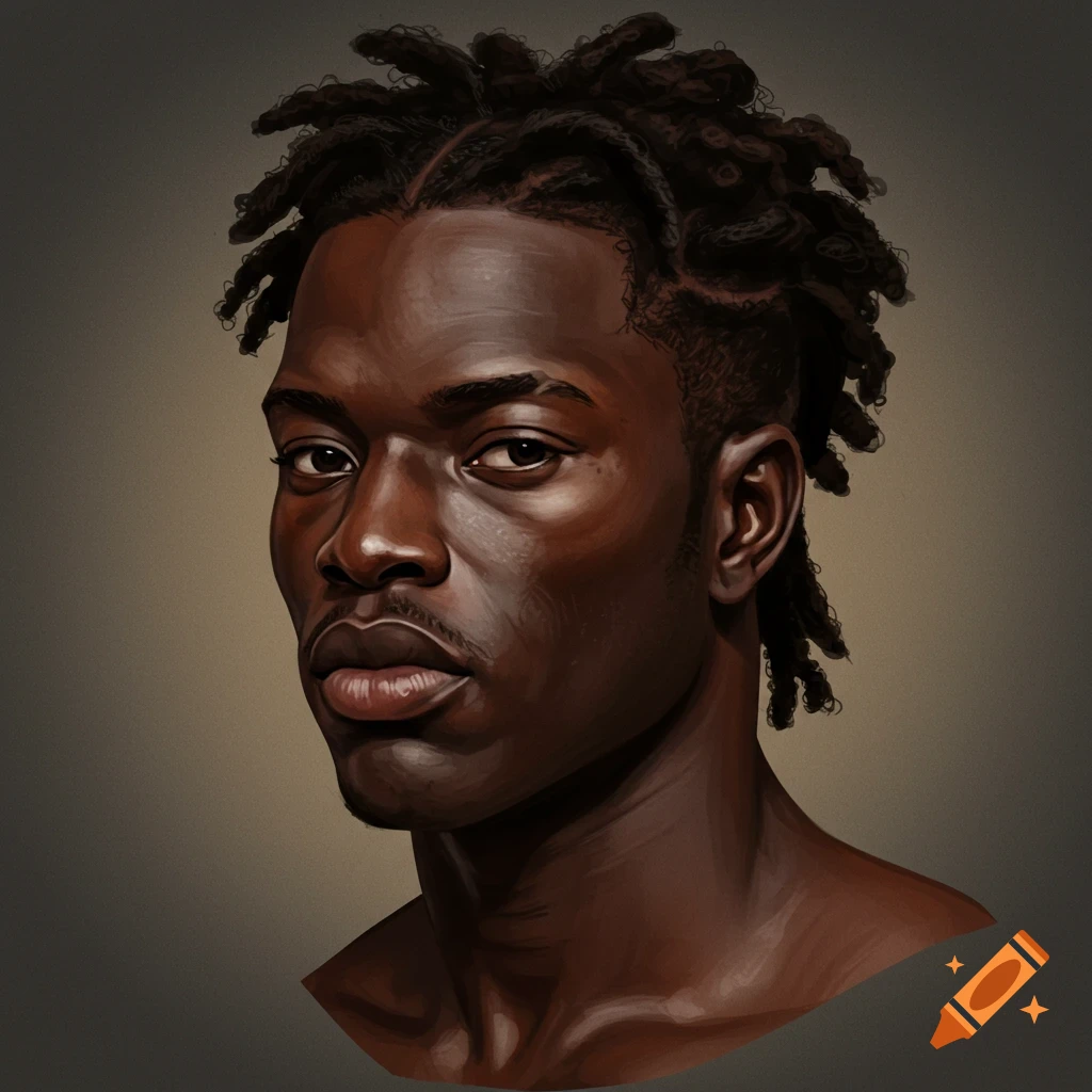 Portrait of a person with dark skin, braided and twisted hair.
