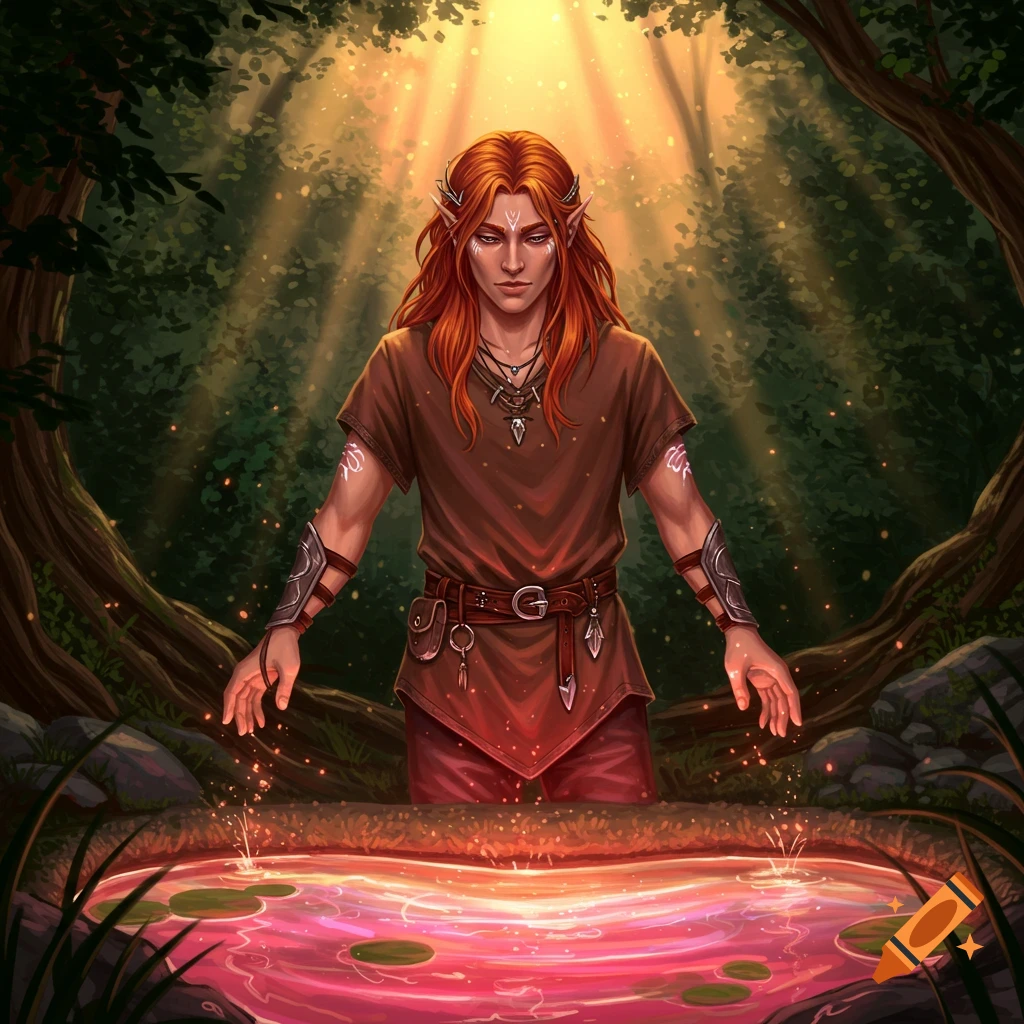 A male elf with long red hair stands over a glowing pool in a forest.