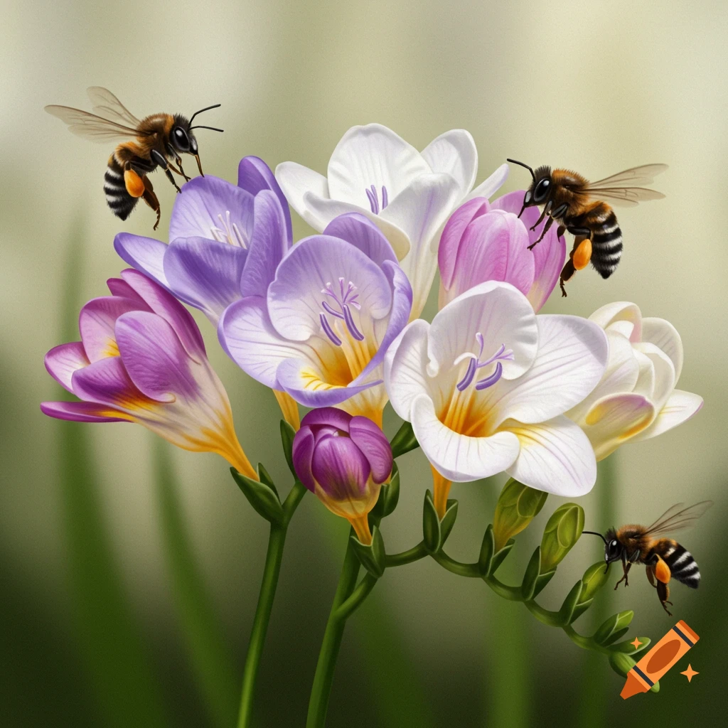 Purple, pink, and white Freesia flowers with three bees flying around them.