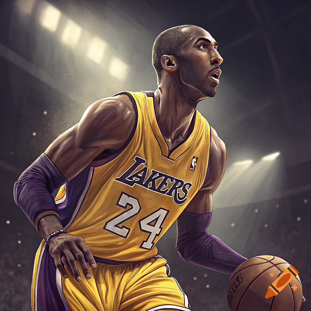 Illustration of Kobe Bryant playing basketball in a Lakers uniform