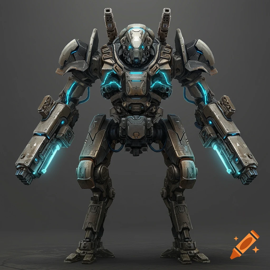 A large armored mech robot with glowing blue energy.