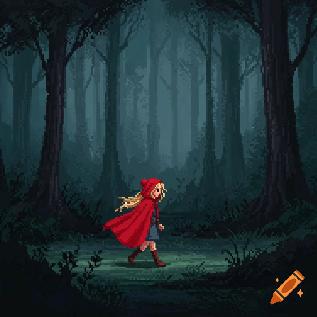 A girl in a red cloak walks through a dark pixel art forest.