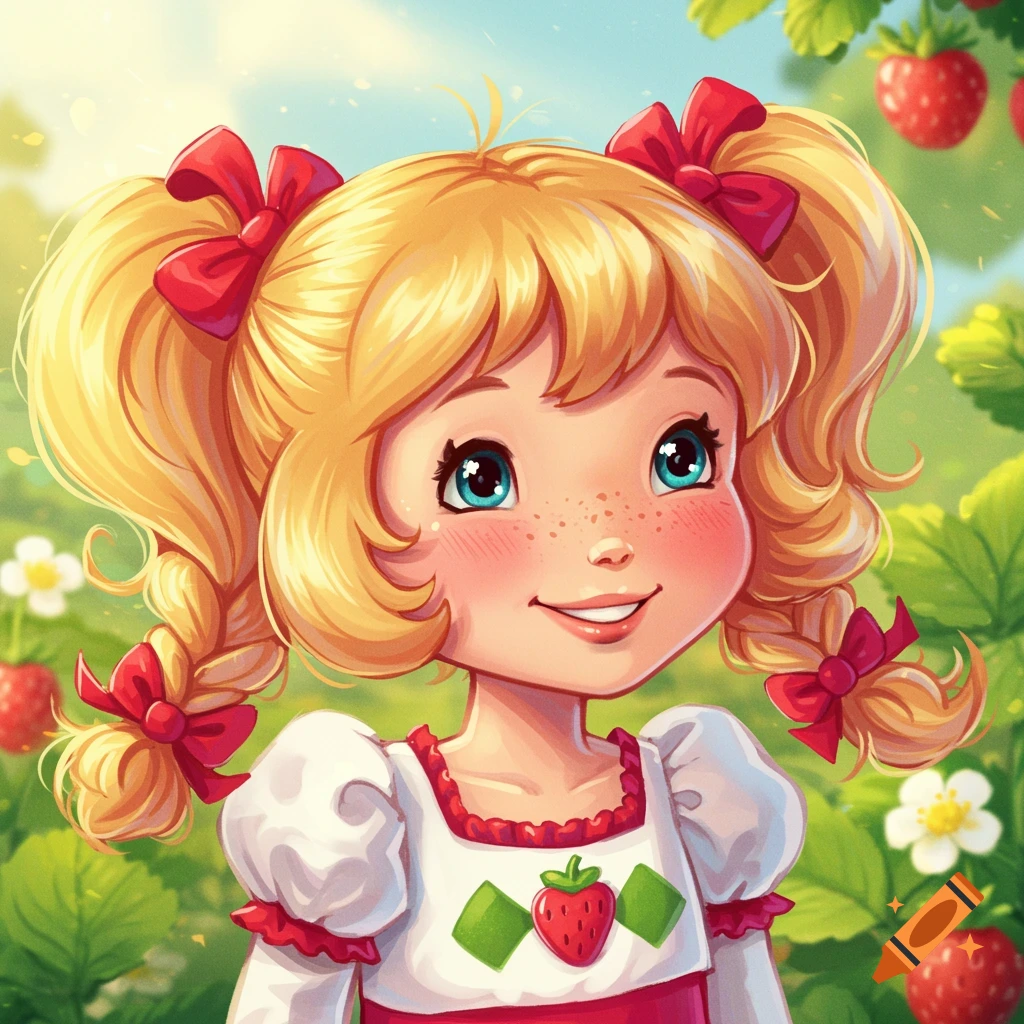 Image of Strawberry Shortcake smiling in a strawberry patch.