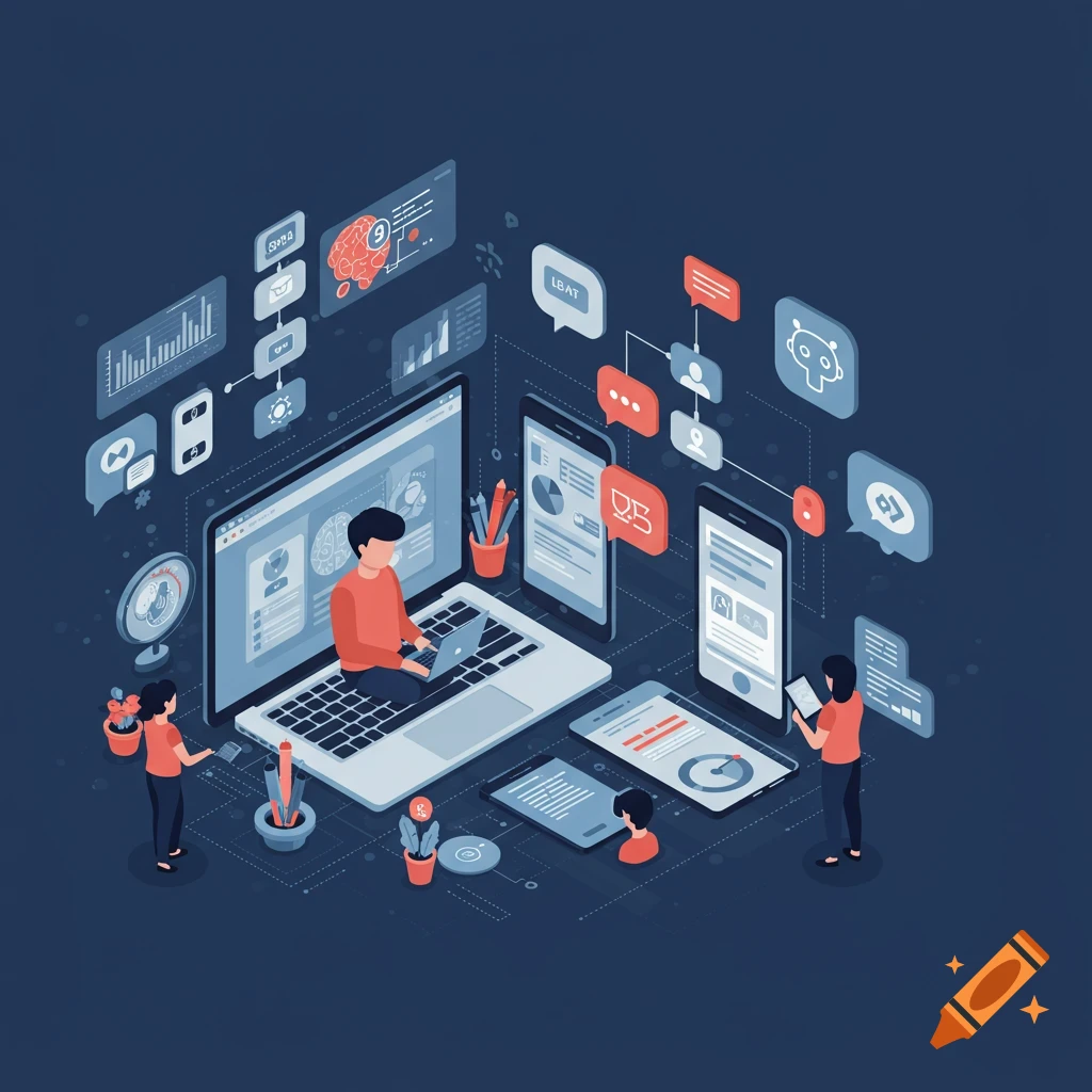 Isometric illustration of people working with laptops, phones, and data elements representing e-learning and technology.