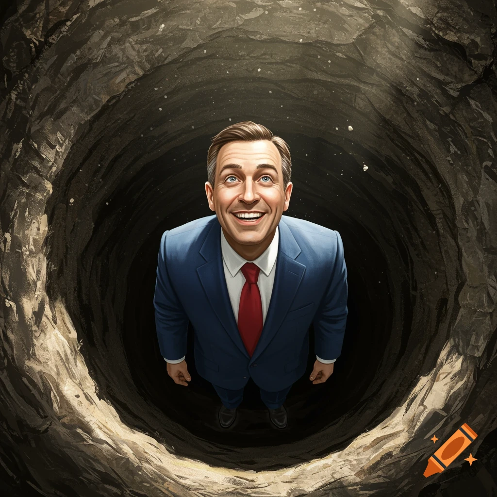 Well-dressed man smiles looking up from deep hole