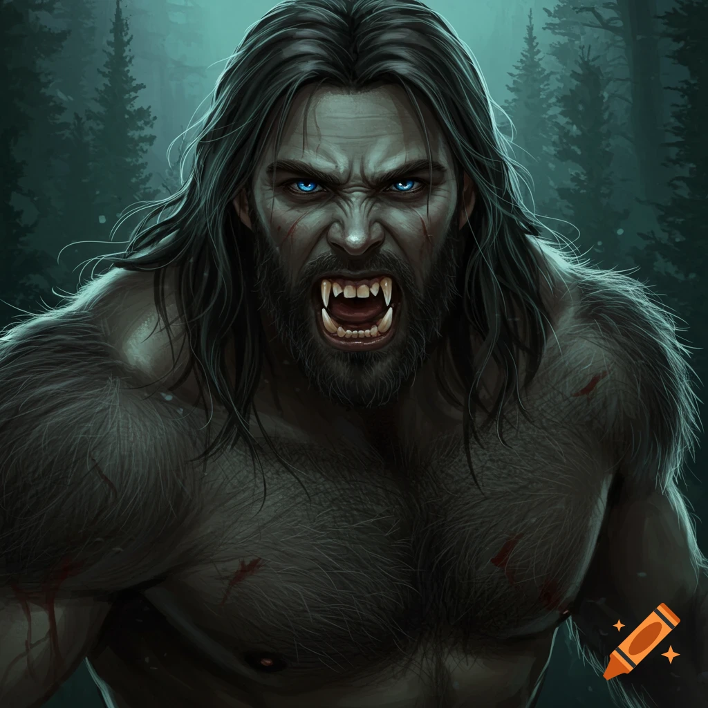 A roaring werewolf with glowing blue eyes in a forest.