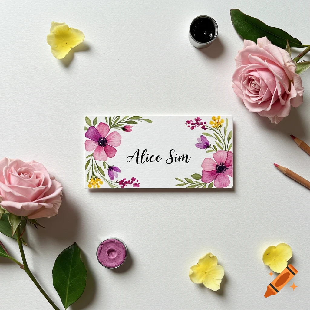 Flat lay of a name tag with watercolor flowers reading 'Alice Sim', surrounded by pink roses, yellow petals, and art supplies.