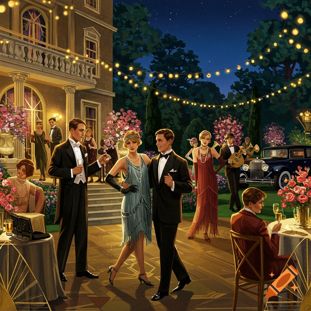 A lively outdoor party at night in the 1920s, with couples dancing, guests mingling, and a classic car parked nearby.