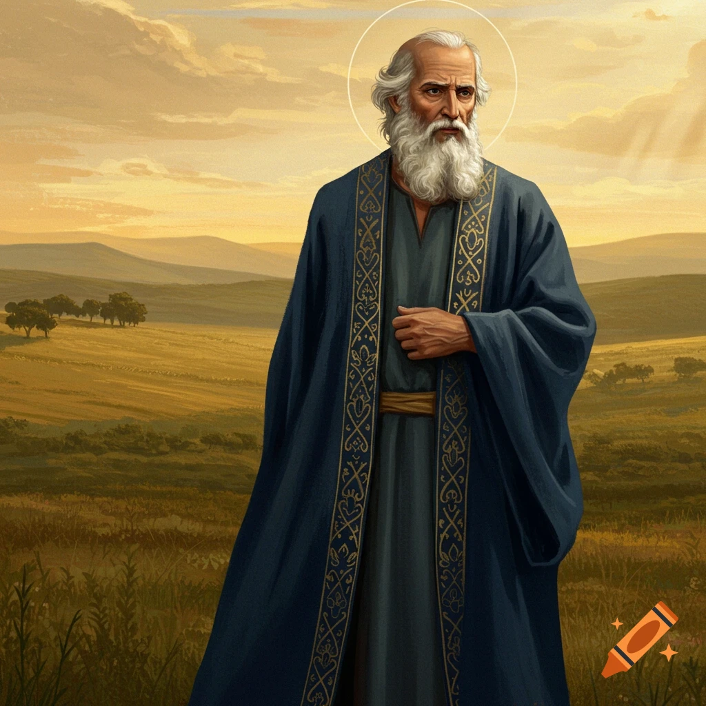 An old man with a long beard and robe standing in a landscape