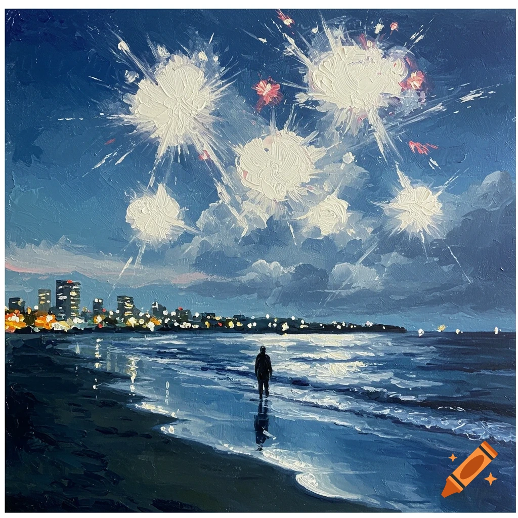 Oil painting of a figure on a beach with city lights and fireworks.