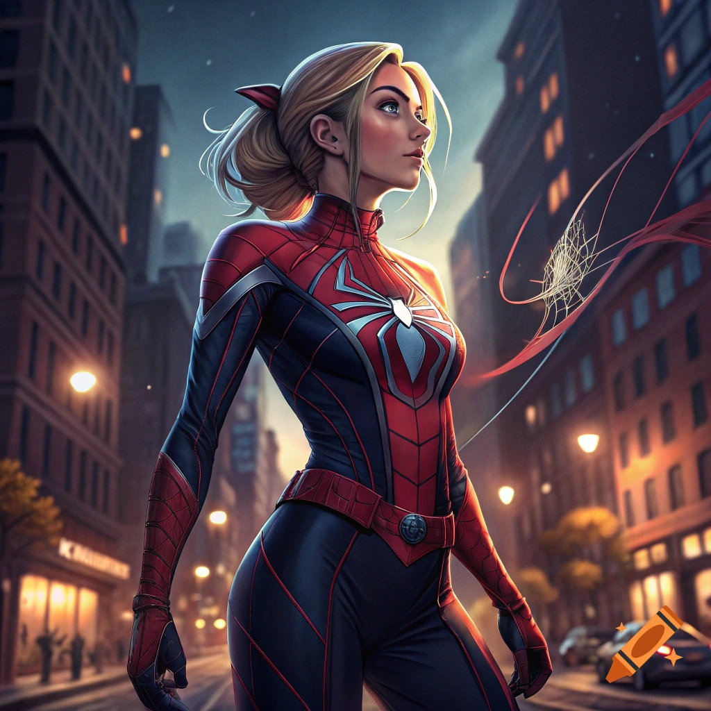 Illustrative art of a woman in a red and black Spider-Woman suit standing in a city street at night.